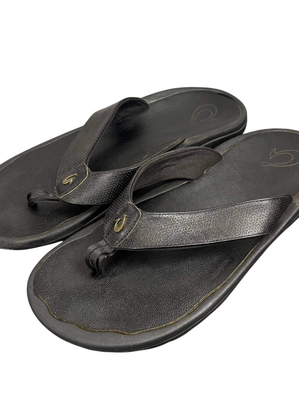 OluKai Kupuna Flip Flop Slip On Thong Sandals Black Leather Men Size US 14 EU 47